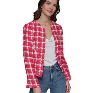#M13 Karl Lagerfeld Paris Women's Open-Front Tweed Jacket - Teaberry Sunset Cora
